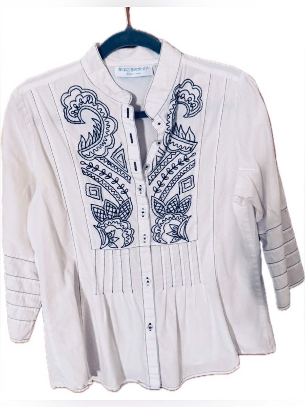 Bleu Bayou White Embroidered Cotton Tunic Blouse Size L | Boho Pintuck Top